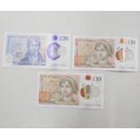 One near mint £20 note, AK47 serial number, one £10 AK47 serial number and one £10 note AA serial