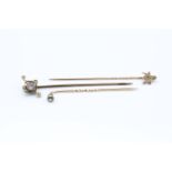 3 x Mixed carat antique stick pins in 9ct seed pearl, masonic 2.5g