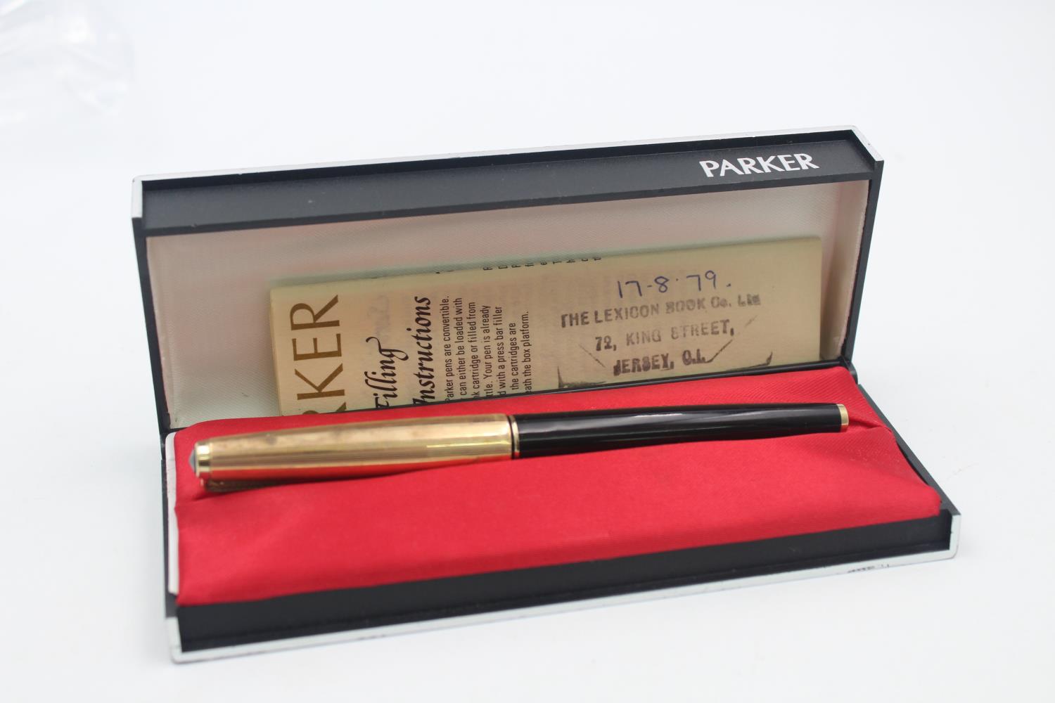 Vintage PARKER 65 Black FOUNTAIN PEN w/ Rolled Gold Cap WRITING Boxed