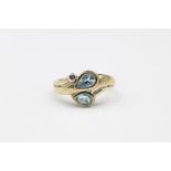 9ct Gold blue topaz & diamond stylised ring size N 3g