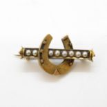 22ct gold and pearl lucky horseshoe bar brooch 3.8g