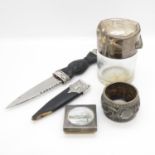 Silver lidded pot, serviette ring and Scottish dagger and sheath and silver miniature picture frame.