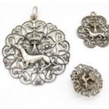 2x silver pendants and pair of earrings showing ermine surrounded by crown - possibly French