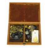 Leather box containing jet buttons and some early brass monogrammed buttons, also letter seal.