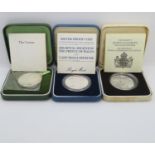 Royal Mint UK silver proof crowns for 1972 1980 and 1981 all in original cases with certs