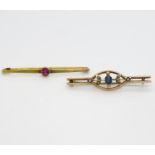 2x 9ct brooches one set with ruby and other with sapphires 4g total weight