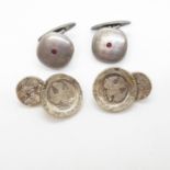 Heavy silver cufflinks set with doves and another pair set with rubies