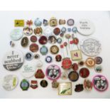 Selection of 1980's Miners Strike enamel badges plus other badges relating to Tory Government