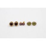 3 X 9ct Gold Vintage Gemstone Set Paired Stud Earrings Inc. Amethyst, Peridot & Garnet (5.1g)