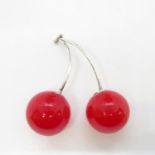 Set of red marble cherries on HM silver stalks 3" long - HM are 935 silver - with maker C & PB