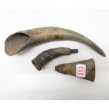2x cow horn powder flasks and 1x other early cow horn