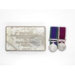 Medal pair with cigarette box Members of Salamanks Barracks Sgt. J Stapleton REME with NI bar