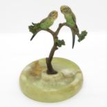 6.5" cold painted bronze possibly Bergman budgies on branch excellent detail in rare green plumage