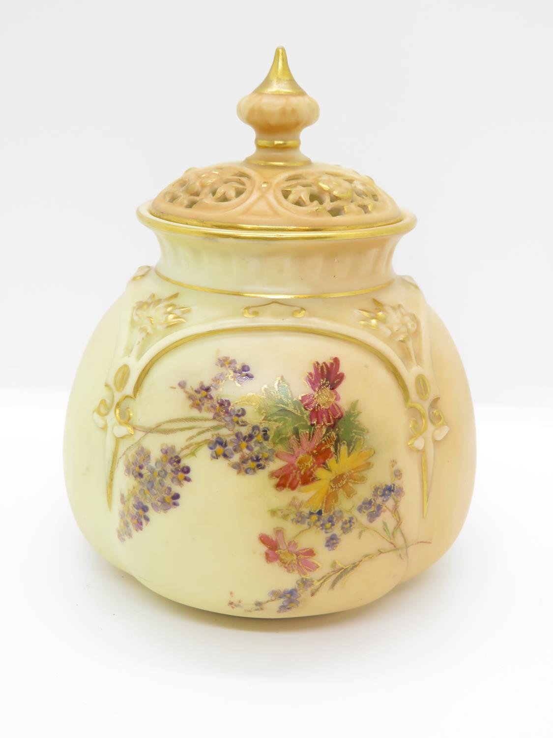 Purple mark Royal Worcester pattern 8175 lidded pot hand painted 4.5" high - Image 3 of 4