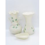 3x pieces of Belleek 1x green mark pin dish 3.5" long, 1x green mark double handed urn 6.5" high and