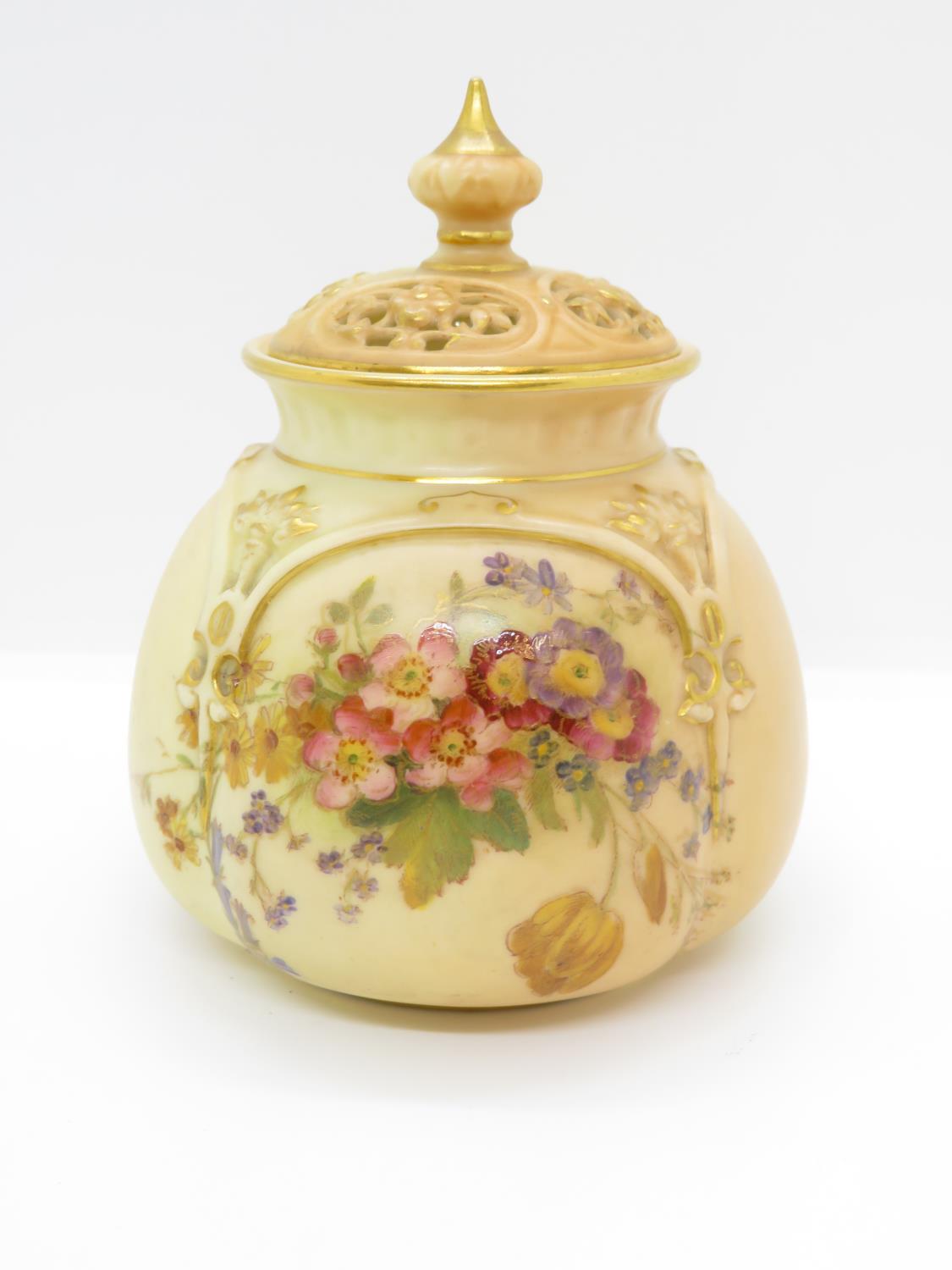 Purple mark Royal Worcester pattern 8175 lidded pot hand painted 4.5" high