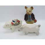 Royal Crown Derby pig, Beswick Beatrix Potter pig and Goss 1908 pig