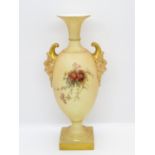 Royal Worcester purple mark 1716 urn with Puck faces hand painted flowers 8" high