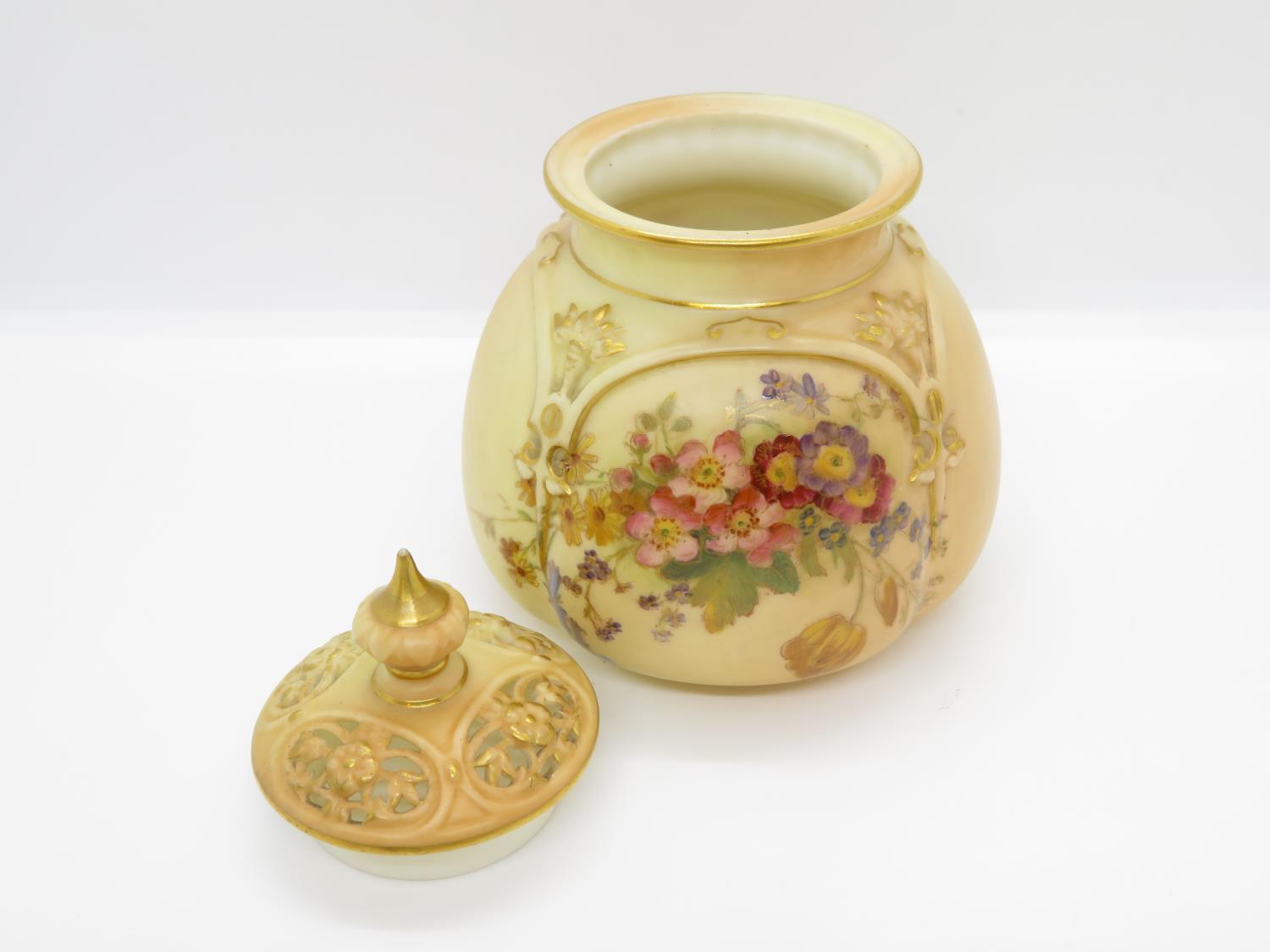 Purple mark Royal Worcester pattern 8175 lidded pot hand painted 4.5" high - Image 2 of 4