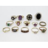 Quantity of gold rings including sapphire and diamond and diamond and amethyst overall weight 47g