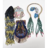 Collection of early bead ware purses 1920's beaded headdress or skull cap and 1920's hematite neck