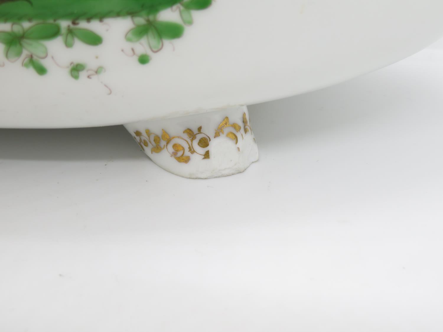 Very early porcelain flower bowl 11" long x 6" high hand painted with birds - Image 3 of 5