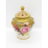 Purple mark Royal Worcester model H279 hand painted lidded urn with roses 5" high