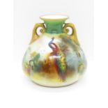 Royal Worcester green mark H155 hand painted urn double handed with peacock 3.5" high