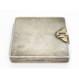 Art Deco silver and 14ct gold with sapphires powder compact 76g 2.5" square