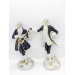 2x Royal Dux blue and white figures - 1 playing guitar and other dancing - 9" high