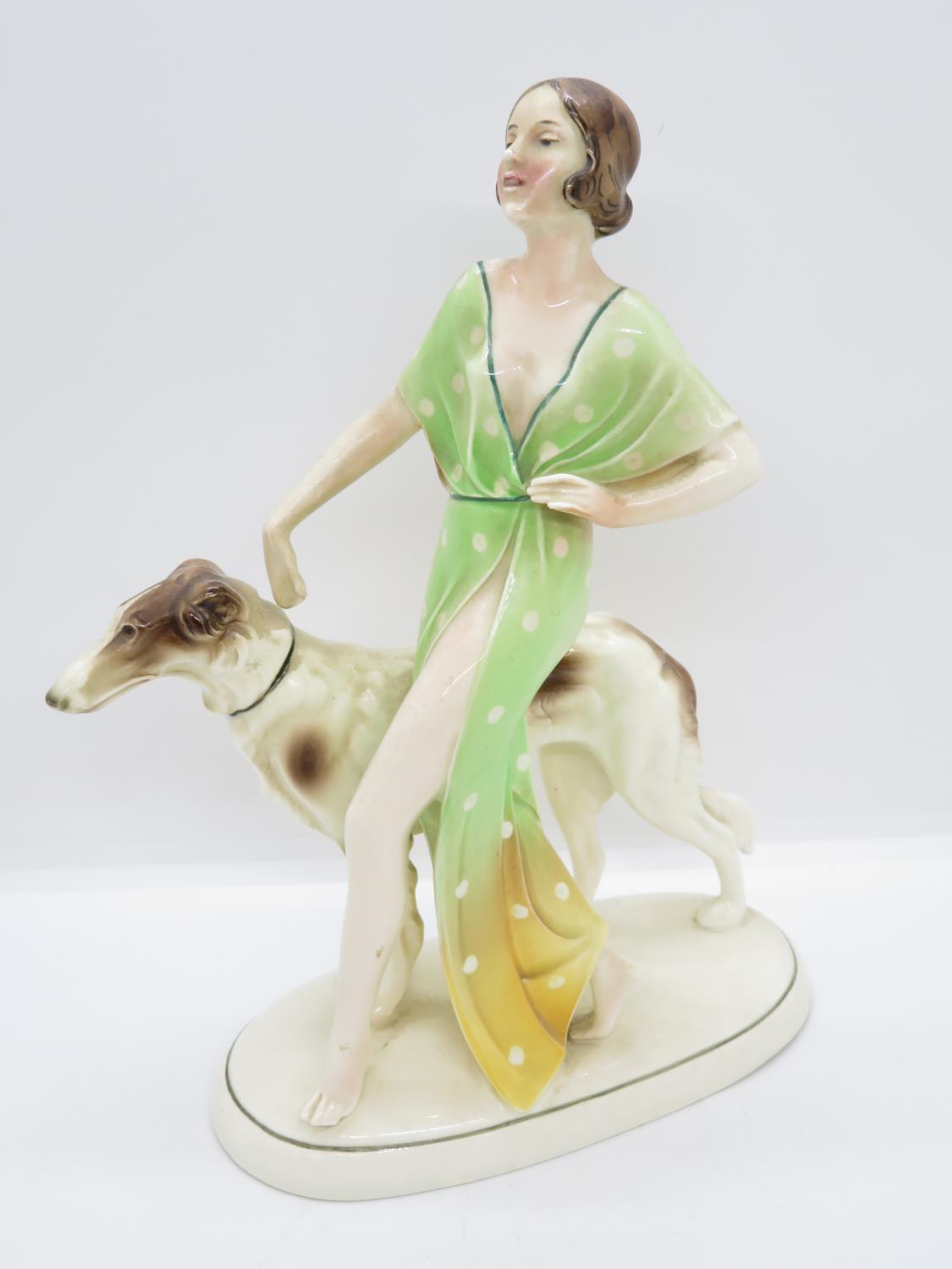 Art Deco ceramic lady with greyhound 8.5" high - perfect condition