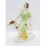 Art Deco ceramic lady with greyhound 8.5" high - perfect condition