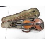 1 piece sarcophagus violin case containing early full sized violin with two bows - one bow marked