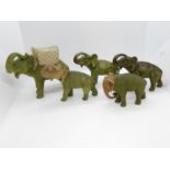 5x Royal Dux elephants - largest 5.5" tall, smallest 3.5" tall - one with basket