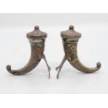 Pair of HM silver salt and pepper drinking horns with Norwegian HM