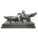 16" long x 8" high cast bronze water buffalos with young boys on their backs. Very heavy