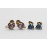 2 x 9ct gold vintage paired gemstone earrings inc. topaz studs & amethyst screw-backs (3.3g)