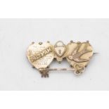 9ct gold antique twin hearts swallow & padlock Mizpah brooch (2.5g)