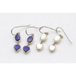 2 x 9ct gold vintage paired heart drop earrings inc. lapis lazuli & mother of pearl (8.2g)