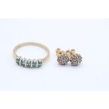 2 x 9ct gold vintage emerald ten stone dress ring & paired diamond cluster stud earrings (2.9g) Size