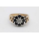 9ct gold vintage diamond & sapphire halo cathedral setting ring (4.9g) Size N