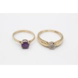 2 x 9ct gold rings inc. diamond, amethyst (4.1g) Size M and Size Q