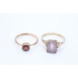 2 x 9ct gold gemstone solitaire dress rings inc. amethyst & antique garnet - Hallmarked Chester 1919