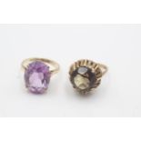 2 x 9ct gold gemstone cocktail rings inc. amethyst, smoky quartz (8.9g) Both Size N