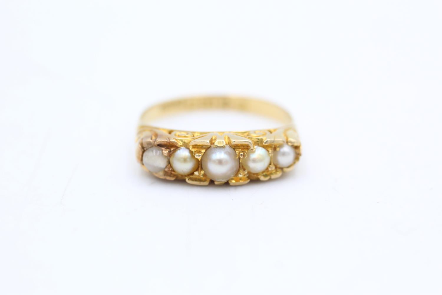 18ct gold antique pearl five stone dress ring - Hallmarked Chester (3.7g) Size M