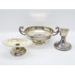 Silver HM 2" candlestick along with silver HM and shall pin dish also one other 4" dia. pin dish