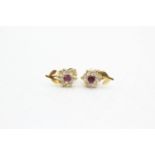 18ct gold vintage spinel & clear gemstone flower stud earrings (1.3g)