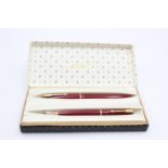 Vintage PARKER Duofold Burgundy FOUNTAIN PEN w/ 14ct Gold Nib, Pencil, Box