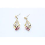9ct gold ruby & clear gemstone drop earrings (1.5g)