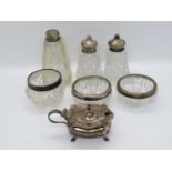 Set of glass and silver rimmed pots and also other silver items all HM
